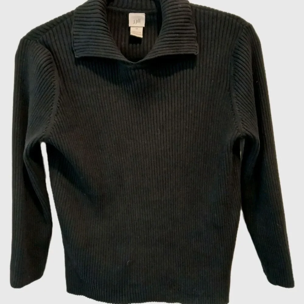J. Jill Black Knit Johnny Collared Pullover Sweater 100% Cotton 3/4 Sleeve Med